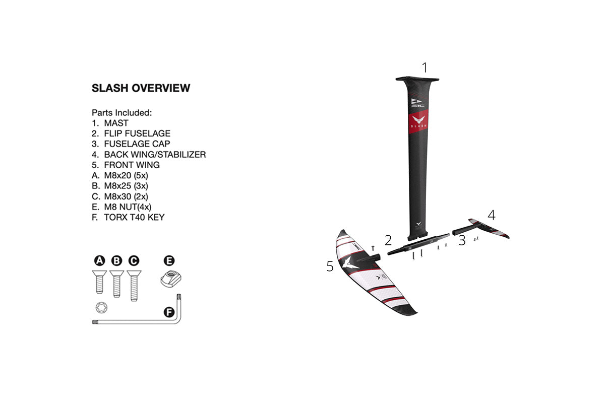 Exploded view of the SIC Maui Slash foil kit showing the mast, fuselage, front wing, stabilizer, and mounting hardware on a white background.