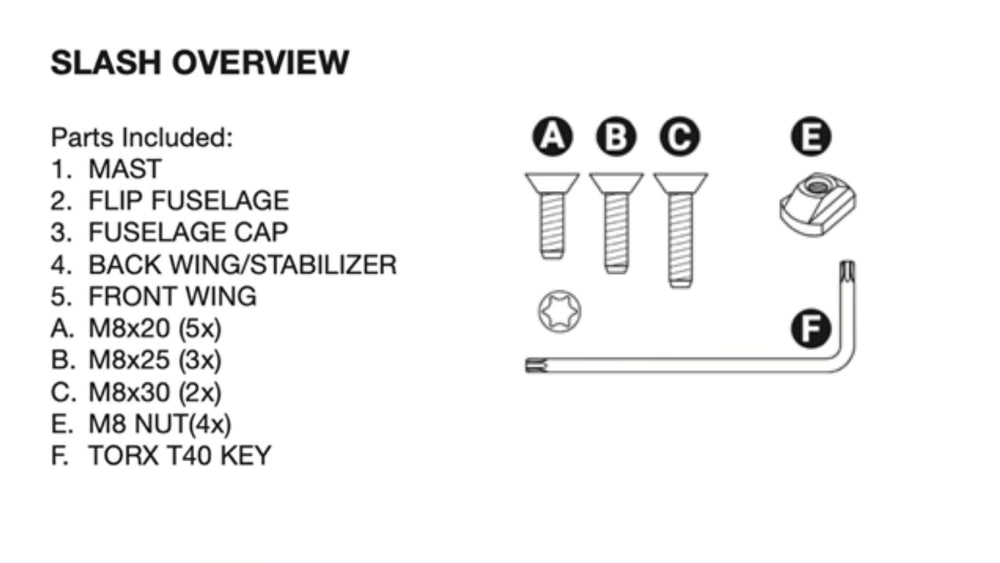 Technical diagram of SIC Maui Slash hydrofoil assembly parts, including M8 screws, nuts, and a Torx T40 key, labeled for clear identification.